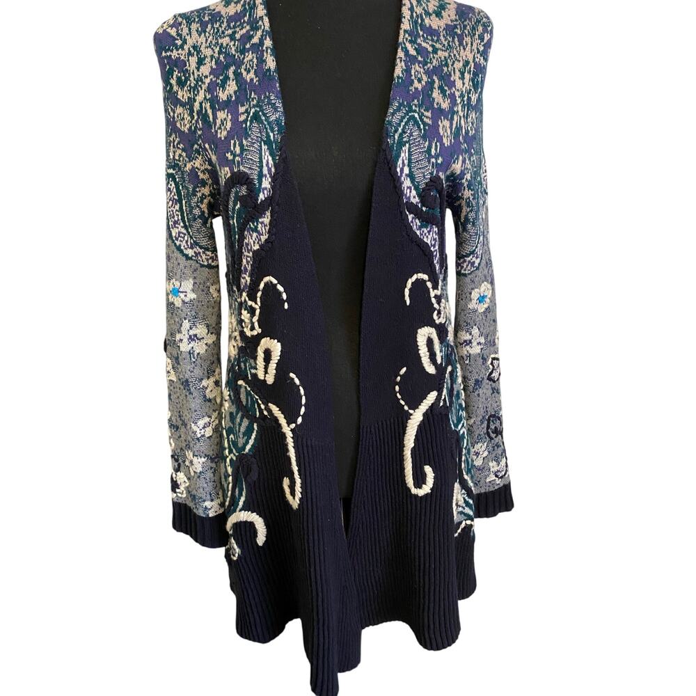 Anthropologie HWR‎ MONOGRAM Emmia Hand Stitched Embroidered Cardigan Sweater S